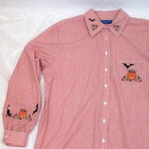 Woman's Halloween Shirt Blouse Karen Scott Embroidered Holiday Button Down Top